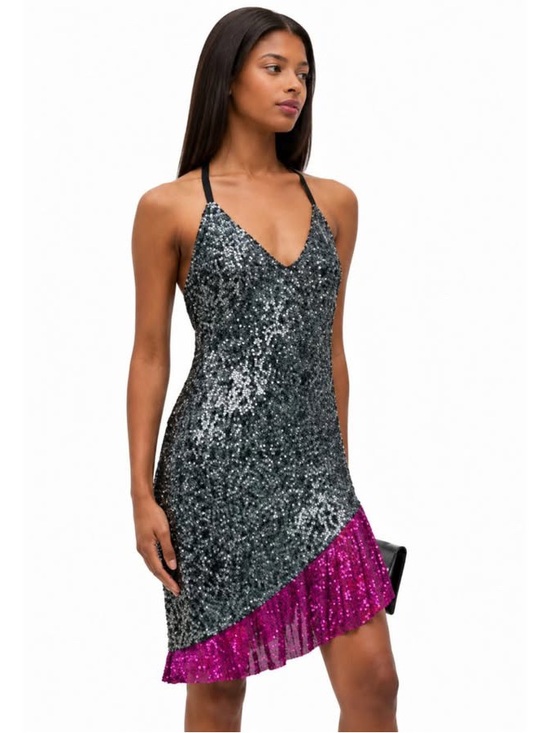 One33 Social Dresses & Skirts - NWT One33 Social Black & Purple Sequin Colorblock Backless Halter Dress